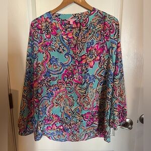 LILLY PULITZER 100% SILK ALEXANDRA TOP AQUA BAIT AND SWITCH BLUE PINK SZ XL
